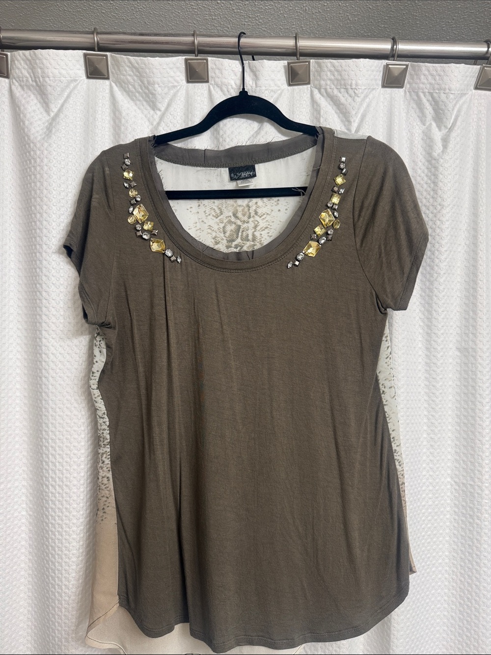 Daytrip Olive Green Scoop Neck Top with Jewel Accents